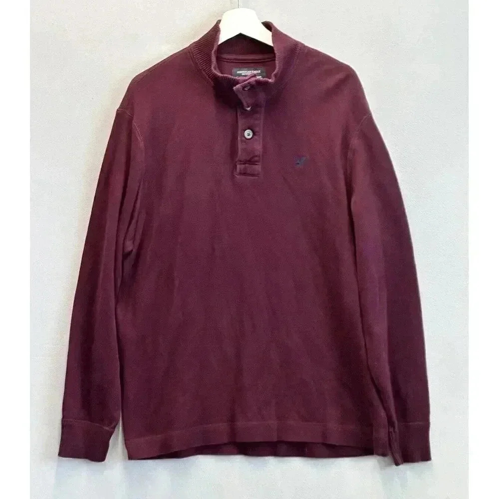 American Eagle Men's Sz‎ XL Prep Fit Burgundy Pullover Knit Collar Polo Sweater